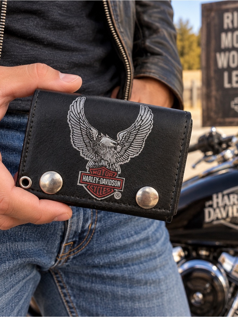 Harley Davidson Genuine Leather Biker Wallet Eagle Made in USA Black